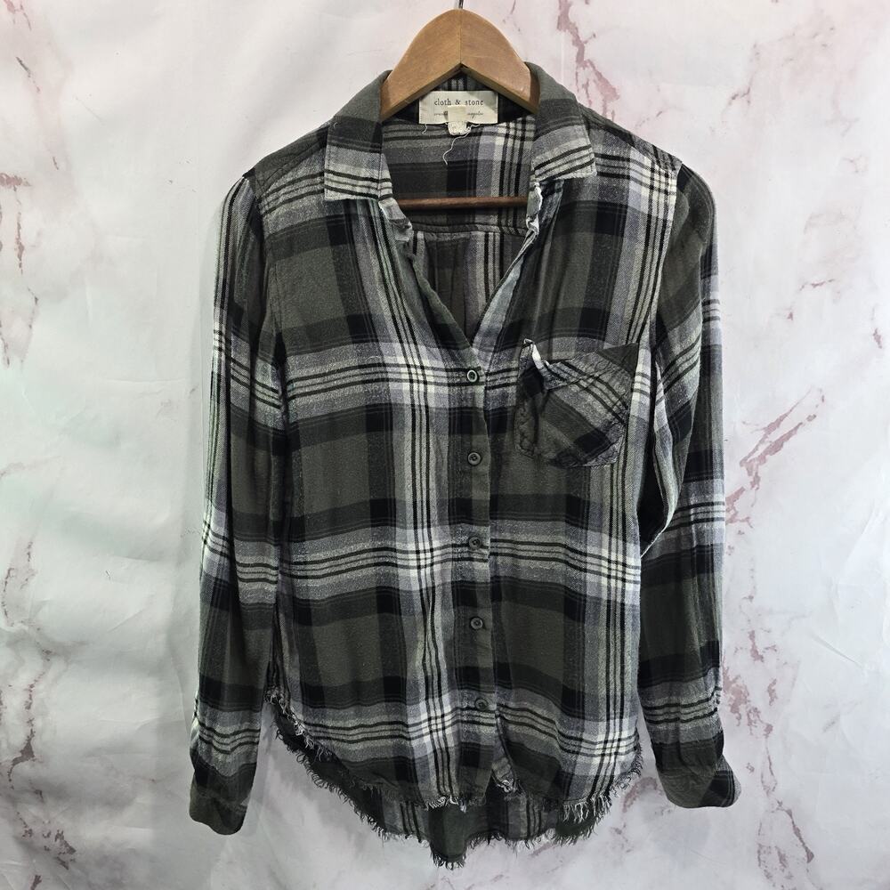 Anthropologie Shirt Womens XS Green Black Plaid Long Button Cloth & Stone